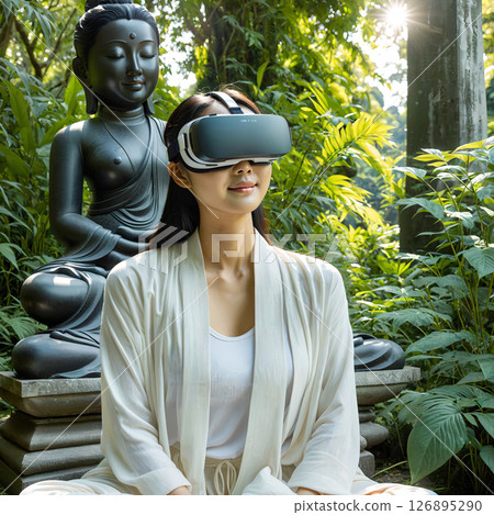 一名女子戴著 VR 耳機在虛擬寺廟中冥想 126895290