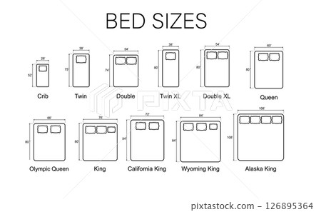 Sizes of beds and mattresses. Line icons of mattresses with dimensions. Vector 126895364