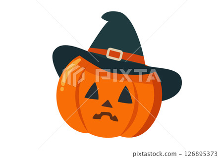 A whimsical Halloween pumpkin adorned with a whimsical witch hat that exudes joy and cheer A whimsical Halloween pumpkin adorned with a whimsical witch hat that exudes joy and cheer 126895373