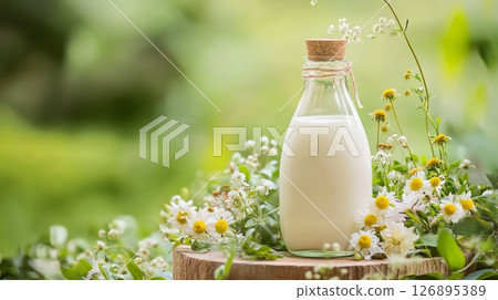 A glass milk bottle sits among blooming flowers outdoors, capturing freshness and nature connection to organic dairy. A glass milk bottle sits among blooming flowers outdoors, capturing freshness and nature connection to organic dairy. 126895389