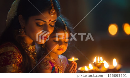 Mother and daughter perform traditional Durga aarti with glowing diya in a peaceful setting during a festive evening ceremony 126895391