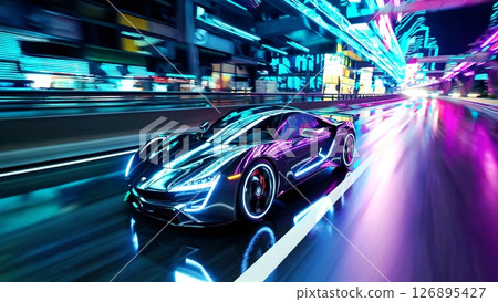 Sleek sports car speeding through luminous nighttime metropolis, blending high tech design with electric blue neon lights and dramatic motion blur against urban landscape 126895427