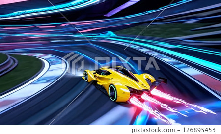 Yellow racing car accelerating on neon illuminated track, displaying cutting edge automotive design with intense speed and technological energy Yellow racing car accelerating on neon illuminated track, displaying cutting edge automotive design with intense speed and technological energy 126895453