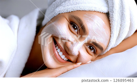 Professional beautician applying rejuvenating facial mask, experiencing tranquil spa moment, glowing with radiant self care and wellness. Beautician, facial mask 126895463