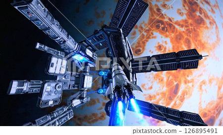 Sleek spacecraft emitting bright blue plasma exhaust departing international orbital platform near massive striped Jupiter, rendering advanced space exploration concept 126895491