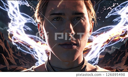 Futuristic clad male manipulating glowing energy streams from head, standing amid barren desert terrain with rugged mountain silhouettes looming in background Futuristic clad male manipulating glowing energy streams from head, standing amid barren desert terrain with rugged mountain silhouettes looming in background 126895498