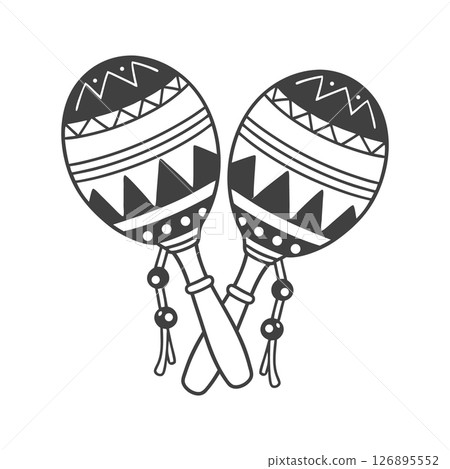 Pair of detailed hand drawn monochrome maracas with ethnic patterns. National symbol of Mexico. Illustration, sketch. 126895552
