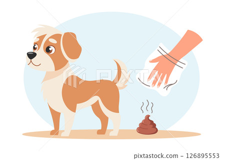Clean up after your pet. Dog and hygienic bag for dog waste. Pet care, environmental awareness and waste disposal. Illustration. 126895553