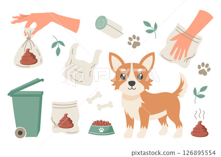 Clean up after your dog concept set. Pet care, environmental awareness and waste disposal. Illustration for social signs, pet products. 126895554