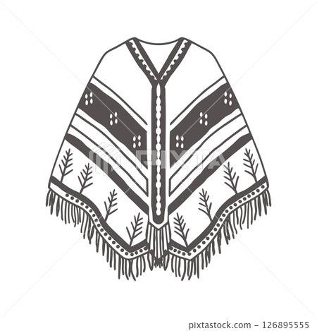 Hand drawn monochrome poncho with fringe and ethnic patterns. National symbol of Mexico. Illustration, sketch. 126895555