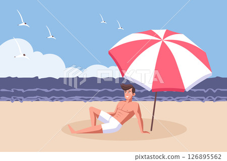 Young man sunbathing on the beach under an umbrella.  Summer time, vacation concept. Travel illustration. 126895562
