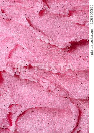 Strawberry fruit pink scrub texture close up. Creamy fruit exfoliating scrub smear with sugar. Organic cosmetic body care peeling. Natural skincare exfoliating scrubber treatment. Strawberry fruit pink scrub texture close up. Creamy fruit exfoliating scrub smear with sugar. Organic cosmetic body care peeling. Natural skincare exfoliating scrubber treatment. 126895592