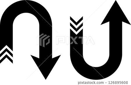 Set of U-shaped up and down arrows with black V-shaped stripes Set of U-shaped up and down arrows with black V-shaped stripes 126895608