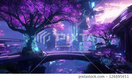 未來都市與霓虹櫻花融合的夢幻世界 126895651
