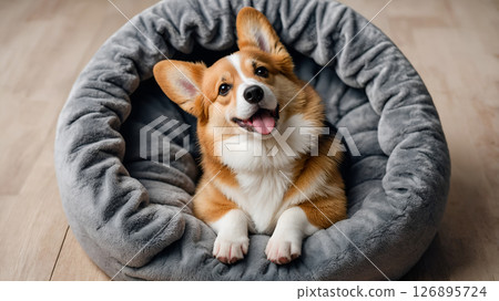 Adorable corgi lying  in plush dog bed, peaceful atmosphere, natural light, domestic pet scene 126895724