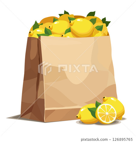 Paper bag full of lemons . Vector fruit illustration in flat style. Summer clipart for diet design Paper bag full of lemons . Vector fruit illustration in flat style. Summer clipart for diet design 126895765