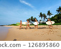 Four diverse female surfers walk with surfboards on tropical beach. Friends enjoy sunny day, palm trees. Women athletes ready for ocean waves. Active lifestyle, summer adventure. 126895860