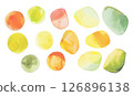 Round shape material in vitamin colors painted with bright watercolors in yellow, orange, yellow-green, and green vitamin colors 126896138