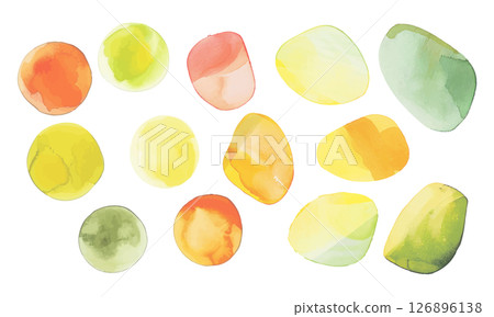 Round shape material in vitamin colors painted with bright watercolors in yellow, orange, yellow-green, and green vitamin colors 126896138