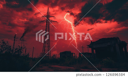 紅色天空和閃電構成的末日景象 紅色天空和閃電構成的末日景象 126896384