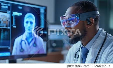 Future medical scene where holographic communication is used for treatment 126896393