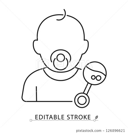 Baby icon with pacifier and rattle toy in minimal black outline style on white background. Editable stroke vector for baby play, early development, infant care or nursery themes. Concept: baby play. 126896621