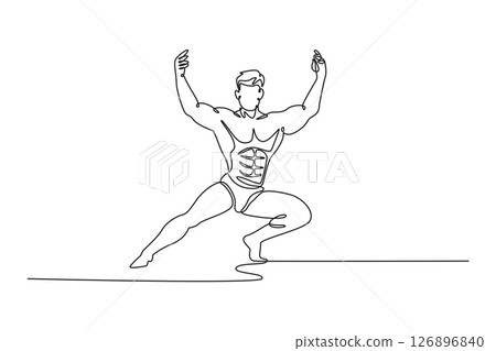 Continuous one line drawing undressed bodybuilder shows muscles of arms at competition. Muscular man showing off the pectoral muscles, abs and legs. Single line draw design vector graphic illustration Continuous one line drawing undressed bodybuilder shows muscles of arms at competition. Muscular man showing off the pectoral muscles, abs and legs. Single line draw design vector graphic illustration 126896840