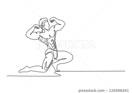 Continuous one line drawing attractive bodybuilder or athletic man showing his muscle in suspense. Sport, strength, bodybuilding, physical strength. Single line draw design vector graphic illustration Continuous one line drawing attractive bodybuilder or athletic man showing his muscle in suspense. Sport, strength, bodybuilding, physical strength. Single line draw design vector graphic illustration 126896841