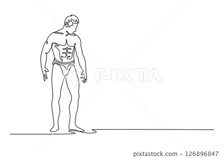 Continuous one line drawing bodybuilder posing in different poses demonstrating their muscles. Male showing muscle straining. Muscular body athlete. Single line draw design vector graphic illustration 126896847