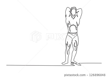 Single continuous line drawing topless muscular bodybuilder male posing with arms on head. Bulked up sportsman demonstrating body musculature. Dynamic one line draw graphic design vector illustration Single continuous line drawing topless muscular bodybuilder male posing with arms on head. Bulked up sportsman demonstrating body musculature. Dynamic one line draw graphic design vector illustration 126896848