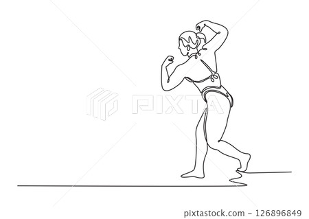 Single continuous line drawing woman bodybuilder showing back muscles at national bodybuilding competition. Strong woman with perfect abs, shoulders. One line draw graphic design vector illustration 126896849