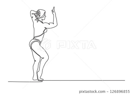 Single one line drawing side view of muscular female bodybuilder posing with arms on head. Bulked up sportswoman demonstrating body musculature. Continuous line draw design graphic vector illustration 126896855