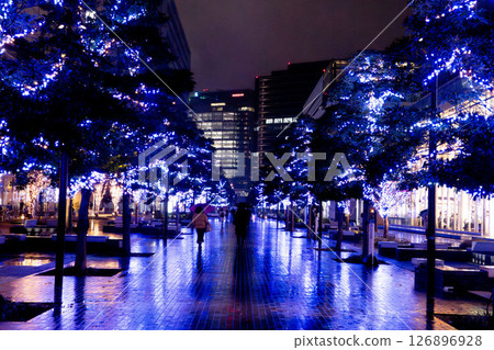 Yokohama at night, Minato Mirai on a rainy day, Minato Mirai shining with Christmas illuminations, Christmas season Yokohama at night, Minato Mirai on a rainy day, Minato Mirai shining with Christmas illuminations, Christmas season 126896928