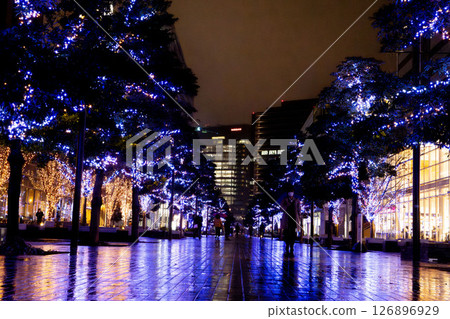 Yokohama at night, Minato Mirai on a rainy day, Minato Mirai shining with Christmas illuminations, Christmas season Yokohama at night, Minato Mirai on a rainy day, Minato Mirai shining with Christmas illuminations, Christmas season 126896929