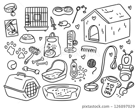 Doodle Pet Supplies Care for Cat, Bird and Dog Elements Hand Drawn Set Veterinary Shop Concept. Vector illustration Doodle Pet Supplies Care for Cat, Bird and Dog Elements Hand Drawn Set Veterinary Shop Concept. Vector illustration 126897029
