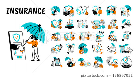 Cartoon Color Different Insurance Types Scenes Concept Set Flat Design Style with Elements Thin Line. Vector illustration of Protection Travel, Home, Health and Car Cartoon Color Different Insurance Types Scenes Concept Set Flat Design Style with Elements Thin Line. Vector illustration of Protection Travel, Home, Health and Car 126897031