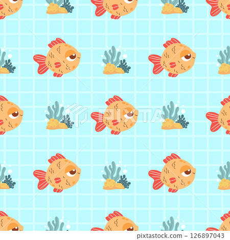Seamless Sea Pattern. Cute tropical small fish and Plant algae on checkered Light Blue Background. Vector Illustration. Kids collection Seamless Sea Pattern. Cute tropical small fish and Plant algae on checkered Light Blue Background. Vector Illustration. Kids collection 126897043