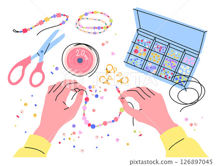 Cartoon Color Hand Making Accessories DIY Project Concept Flat Design Style with Elements Thin Line. Vector illustration Cartoon Color Hand Making Accessories DIY Project Concept Flat Design Style with Elements Thin Line. Vector illustration 126897045