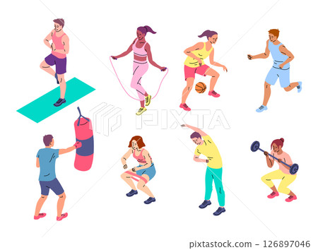 Cartoon Color Characters People and Physical Activities Concept Flat Design Style with Elements Thin Line. Vector illustration of Playing basketball, Jogging and Yoga Cartoon Color Characters People and Physical Activities Concept Flat Design Style with Elements Thin Line. Vector illustration of Playing basketball, Jogging and Yoga 126897046