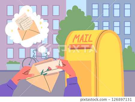 Cartoon Color Sending Postcard Mail on a Cityscape Scene Correspondence Concept Flat Design Style. Vector illustration 126897131