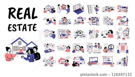Cartoon Color Real Estate Scenes Concept Set Flat Design Style with Elements Thin Line. Vector illustration of House Insurance, Rental or Purchase Cartoon Color Real Estate Scenes Concept Set Flat Design Style with Elements Thin Line. Vector illustration of House Insurance, Rental or Purchase 126897132