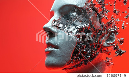 塌陷的AI面部和暴露的機械結構 126897149