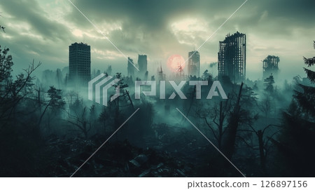 霧中矗立的廢墟城市遺跡 126897156