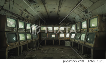 Abandoned monitors from an old monitoring room buried underground 126897173
