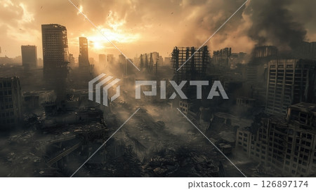 War-torn city and the setting sun 126897174