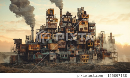 Houses piled up in a rusted, post-apocalyptic city Houses piled up in a rusted, post-apocalyptic city 126897188
