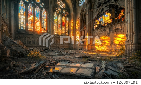 夕陽下一座廢棄教堂的彩色玻璃窗 夕陽下一座廢棄教堂的彩色玻璃窗 126897191