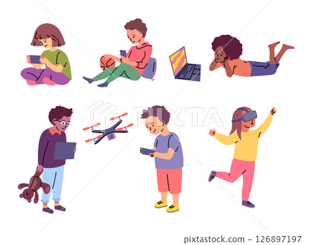 Cartoon Color Different Characters Children using Gadgets Concept Flat Design Style Boy and Girl with Smartphone and Laptop. Vector illustration 126897197