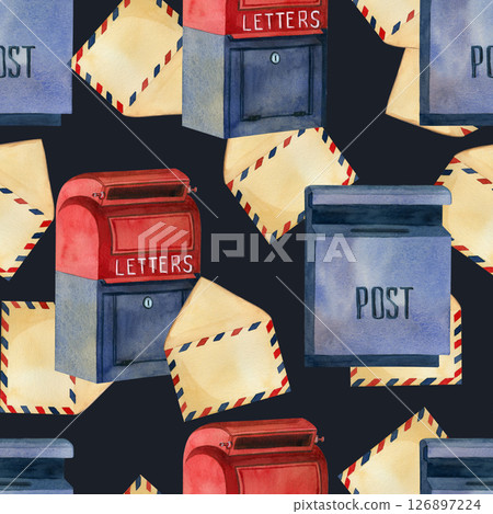 Seamless watercolor pattern on the theme of mail with a dark background. Blue and red mailboxes, letters, envelopes. All objects are hand-drawn with watercolors. Suitable for printing on paper, fabric 126897224