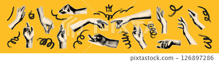 Hands gestures halftone collage elements set with scribbles. Paper clipping shapes, cut out hands reaching out in touch, holding something. Modern retro vector illustration for mixed media design Hands gestures halftone collage elements set with scribbles. Paper clipping shapes, cut out hands reaching out in touch, holding something. Modern retro vector illustration for mixed media design 126897286